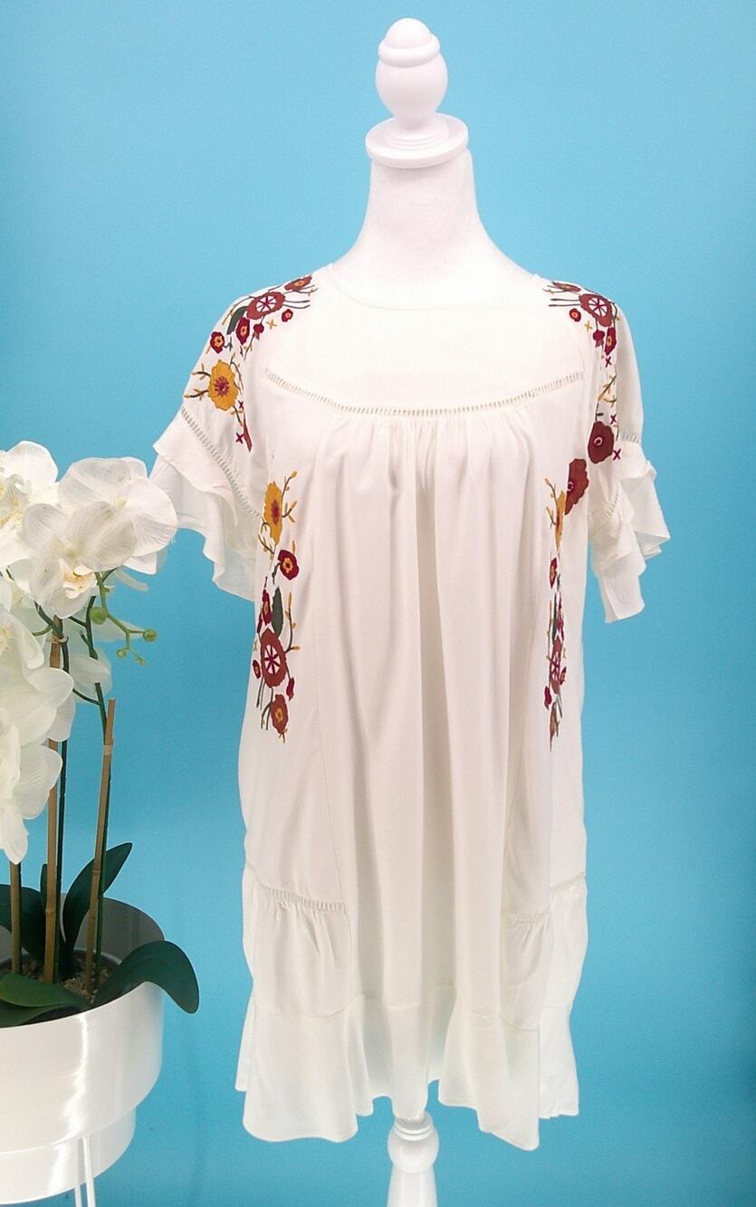 Chelsea & Violet Womens Floral Embroidered White Ruffled Tunic Mini Dress Size S